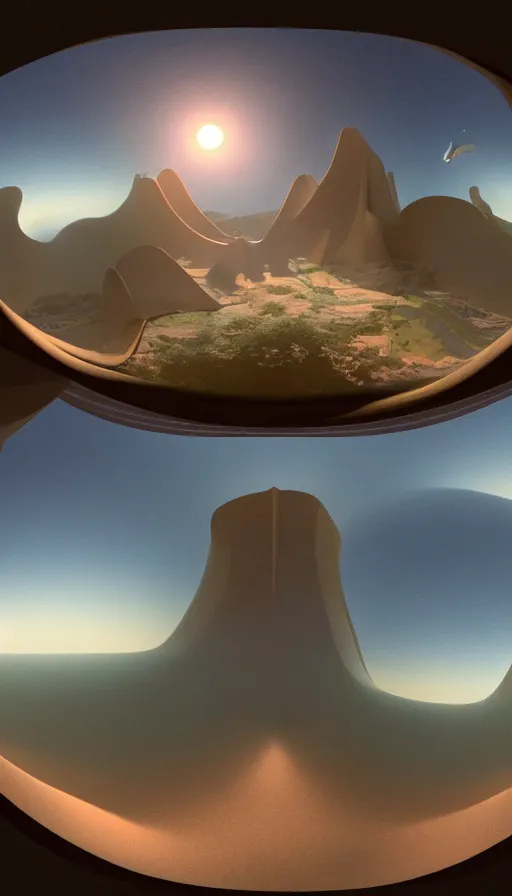 Prompt: a first-person view within a floating 3D VR hand interfac by Jony Ive, Moebius, Roger Dean, intricate artwork by Caravaggio and James Turrell, 8K, sunrise atmospheric phenomena in translucent colloid neuomorphic interface