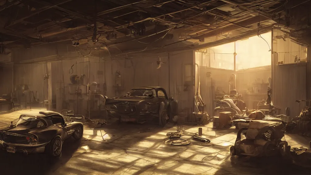 Image similar to a photorealistic hyperrealistic render of an interior of a beautiful cozy garage repair shop by pixar, greg rutkowski, wlop, artgerm, dramatic moody sunset lighting, long shadows, volumetric, cinematic atmosphere, octane render, artstation, 8 k