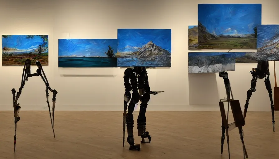 Image similar to robots holding paintbrushes against photos of landscapes in a gallery