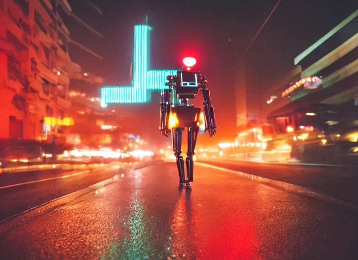 Image similar to a kodachrome photo of a tall huge metallic cyborg droid android with glowing lights, running sprinting on a rainy night in the city in the 1 9 5 0's, seen from a distance, canon 5 0 mm, cinematic lighting, film, photography, award - winning, neon, cyberpunk, blade runner