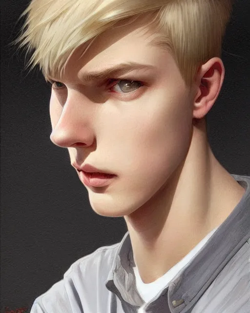 Prompt: portrait of 1 5 - year - old boy, with slender, white - blond hair, cold grey eyes, a pale complexion with sharp and pointed features, highly detailed, digital painting, artstation, concept art, smooth, sharp focus, illustration, art by artgerm and greg rutkowski and alphonse mucha