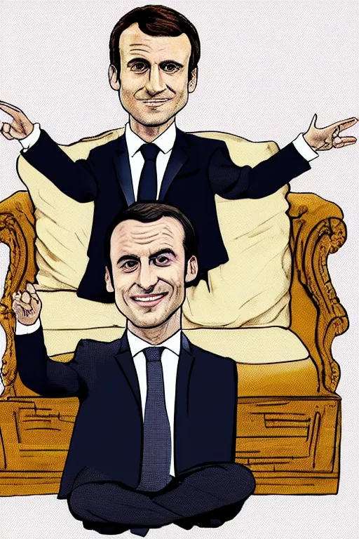 Image similar to Emmanuel Macron sitting on a huge pill of money, cartoon, white background