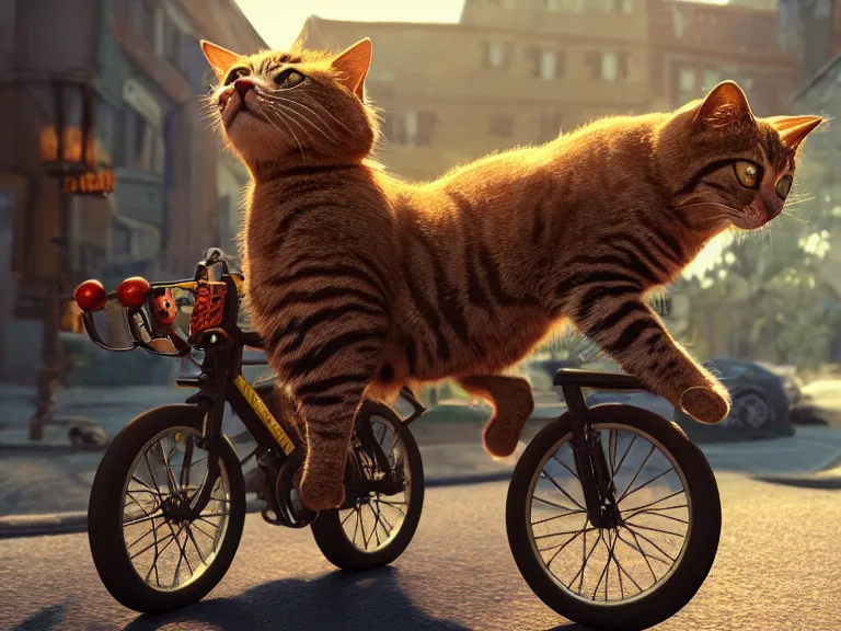 Prompt: cat rides a bike, RPG Reference, Oil Painting, Trending on Artstation, octane render, Insanely Detailed, 8k, HD, unreal 5, DAZ, hyperrealistic, dynamic lighting, intricate detail, summer vibrancy, cinematic