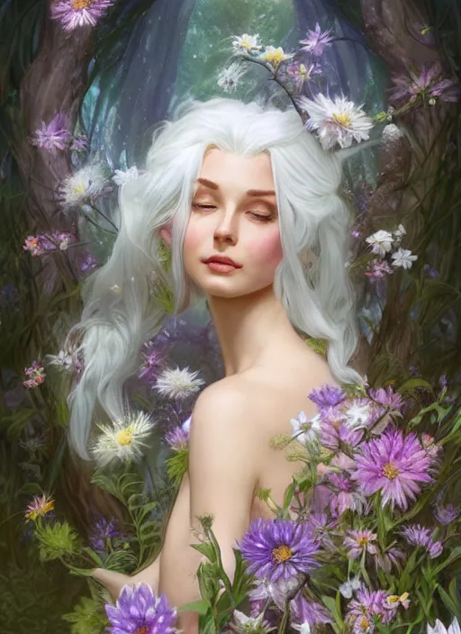 Image similar to a beautiful white haired woman as a fairy princess in a garden holding a bunch of wild flowers, deep focus, d & d, fantasy, intricate, elegant, highly detailed, digital painting, artstation, concept art, matte, sharp focus, illustration, hearthstone, art by artgerm and greg rutkowski and alphonse mucha