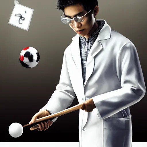 Image similar to young male asian scientist in white coat playing the Billiards,trending on artstation,digital art.