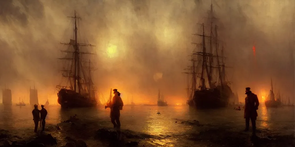 Image similar to a seaport in 1 9 4 0 with red light on, sunny day, a men stand up next to the edge, mystical orange fog, oil on canvas, art by andreas achenbach, clemens ascher, tom bagshaw and sabbas apterus,