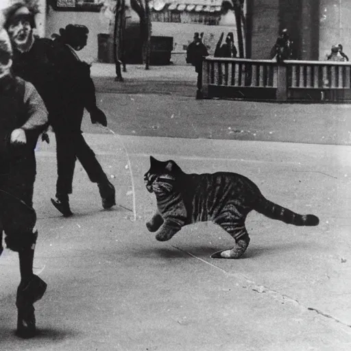 Image similar to old photo of a giant cat chasing people