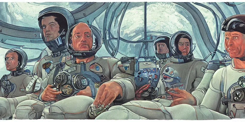 Prompt: a portrait of stallone and van damm pilots in spacesuit on field forrest spaceship station landing laying lake artillery outer worlds in FANTASTIC PLANET La planète sauvage animation by René Laloux