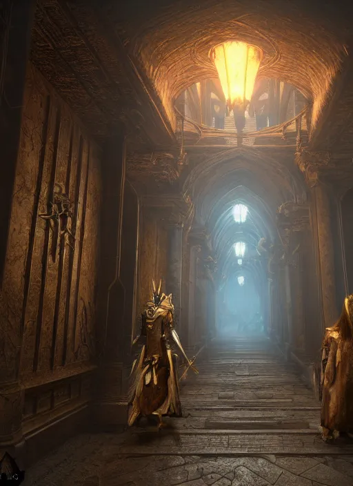 Image similar to castle hallways, ultra detailed fantasy, elden ring, realistic, dnd, rpg, lotr game design fanart by concept art, behance hd, artstation, deviantart, global illumination radiating a glowing aura global illumination ray tracing hdr render in unreal engine 5