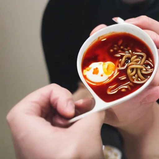 Prompt: a close up picture of a man eating shin ramyun from a cup high detailed, 4 k