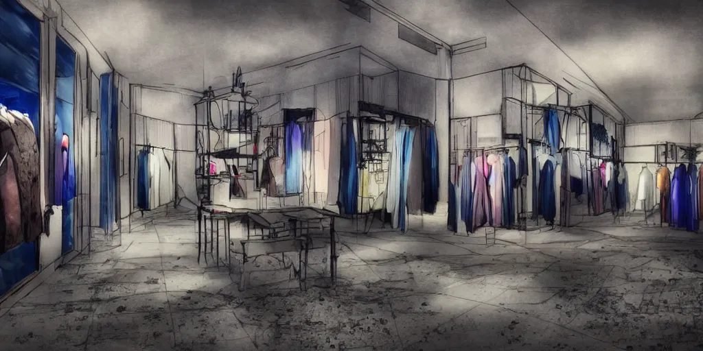 Image similar to eerie abandoned clothing shop in the mall at night, dark, blue lighting, award - winning anime digital art