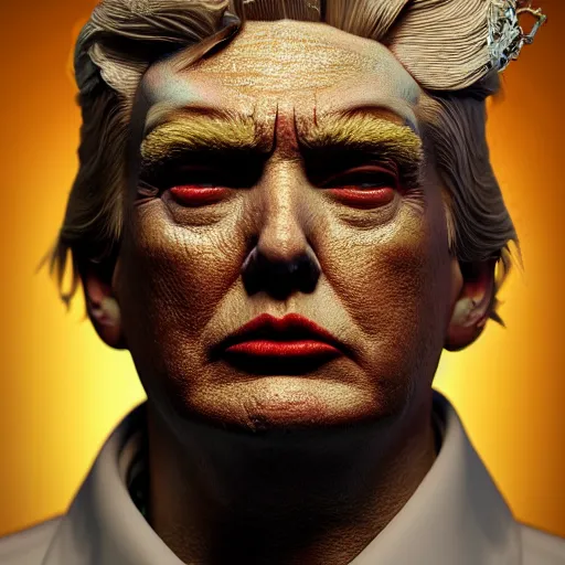 Image similar to donald trump full body detailed, ethereal, cyborg, covered in blood diamonds and other gems glowing, highly detailed face, elegant posed, evil expression, intricate, extremy detailed, beeple, cgsociety, 3 d unreal engine octane render. cinematic lighting, highly detailed 4 k art