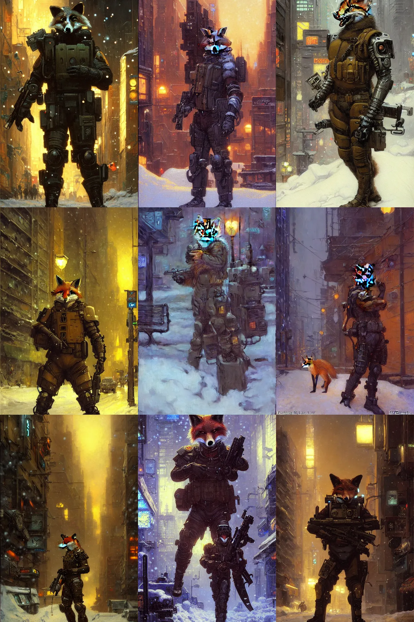 Prompt: anthropomorphic fox wearing swat gear in a cyberpunk city at night in the snow, character design, painting by gaston bussiere, craig mullins, j. c. leyendecker, tom of finland