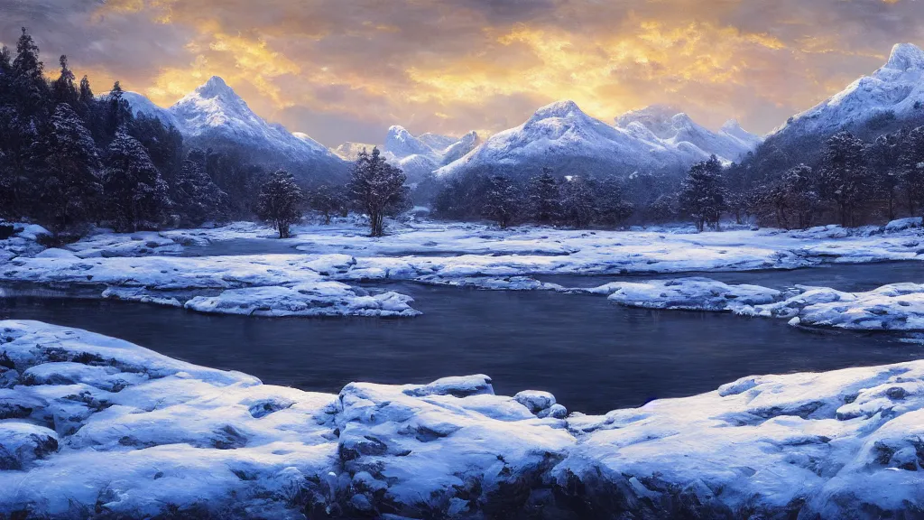 Prompt: the most beautiful panoramic landscape, oil painting, snowy mountains and a frozen river, clouds, cinematic lighting, highly detailed, very realistic