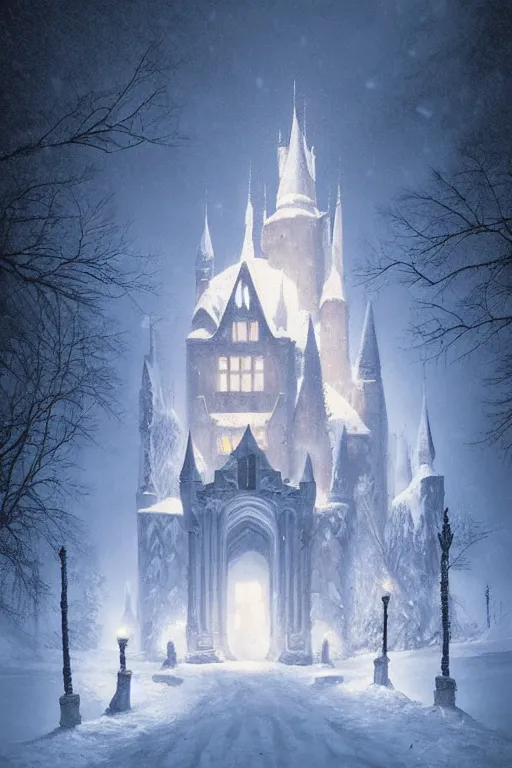 Image similar to a gothic castle in the snow, andreas rocha style