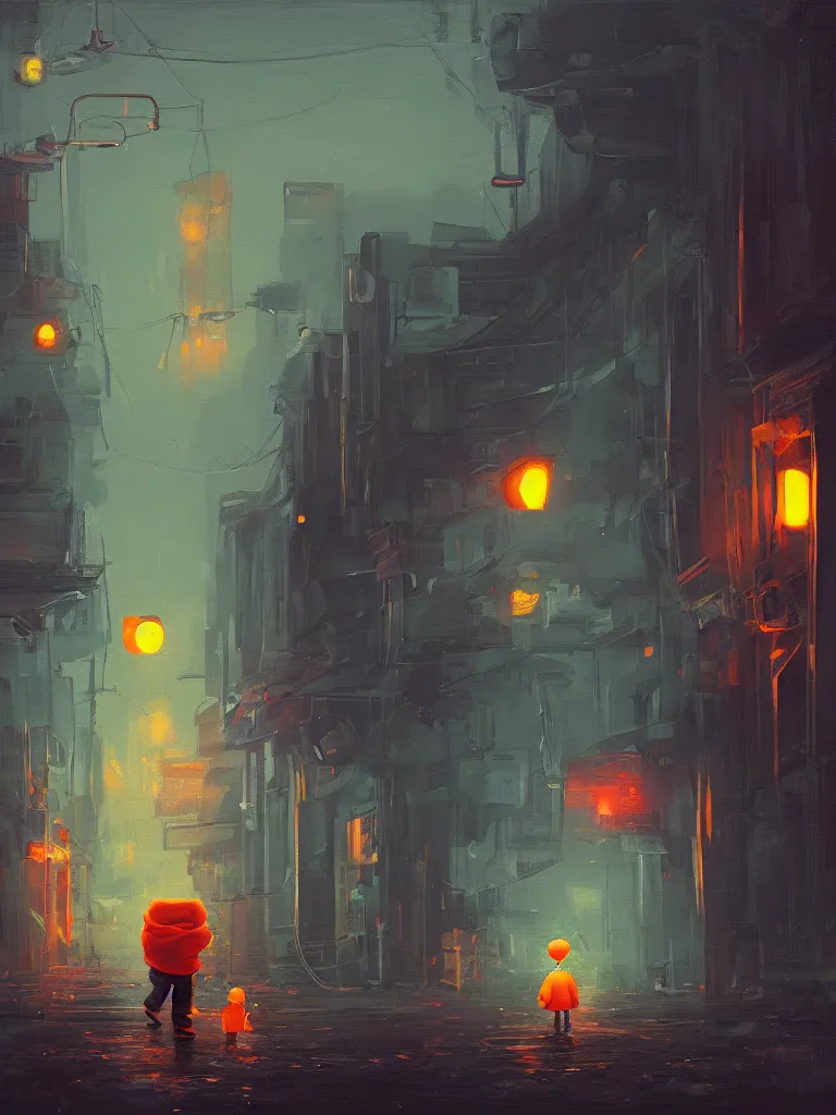 Image similar to a single little boy, two oranges and a white rabbit in a dark alley city with neonlights by night a painting from stalenhag, 4 k, 8 k, hdr, artstation, concept art