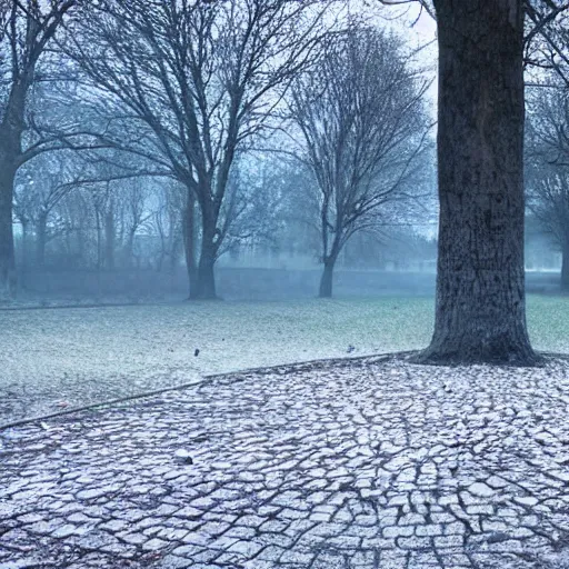 Prompt: a liminal children's park, empty, during winter, mist, at night, angst-inducing, found footage