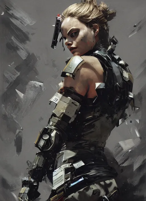 Image similar to Margot Robbie wearing metal gear armor holding gun dramatic lighting art by Yoji Shinkawa by Richard Schmid by greg rutkowski by Sandra Chevrier by Jeremy Lipking cinematic dramatic