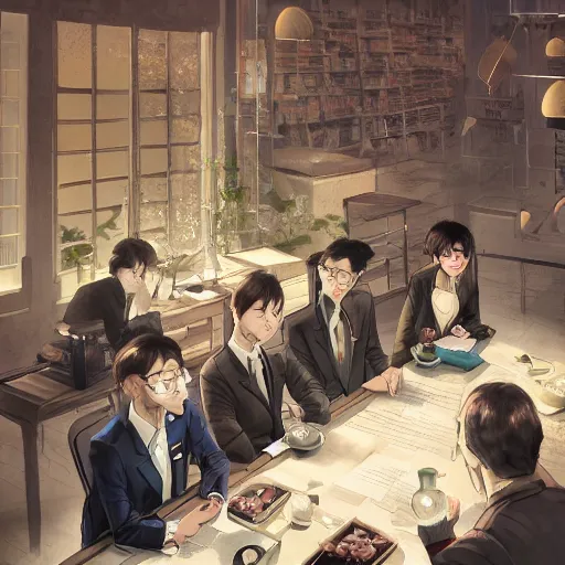 Prompt: a weasel wearing glasses in suits was watching book, surrounded by tea houses ambient lighting, 4 k, fenghua zhong, yangjun chen, wenjun lin, jung gi kim, artstation