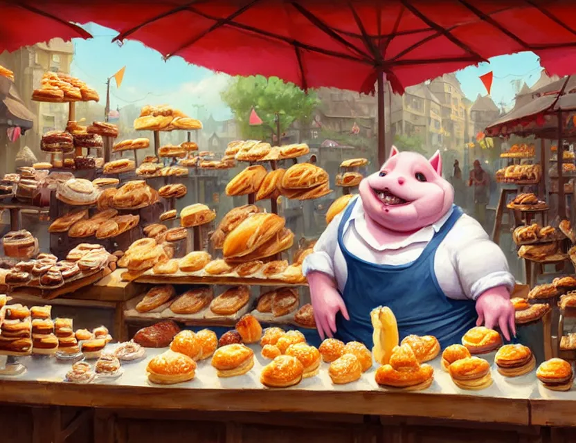 Image similar to a cute painting, one adorable very short fat obese kobold wearing an apron is happily selling delicious pastries at her stall in the market at kragkash, intricate, highly detailed, artstation, concept art, smooth, sharp focus, colorful scene, art by artgerm and greg rutkowski and wlop