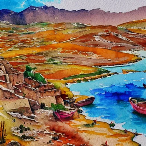 Image similar to watercolor kurdish destination, highly detailed, 4 k