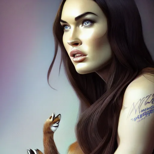 Image similar to portrait of megan fox as an anthropomorphic fox, costume, au naturel, hyper detailed, digital art, trending in artstation, cinematic lighting, studio quality, smooth render, unreal engine 5 rendered, octane rendered, art style by klimt and nixeu and ian sprigger and wlop and krenz cushart.