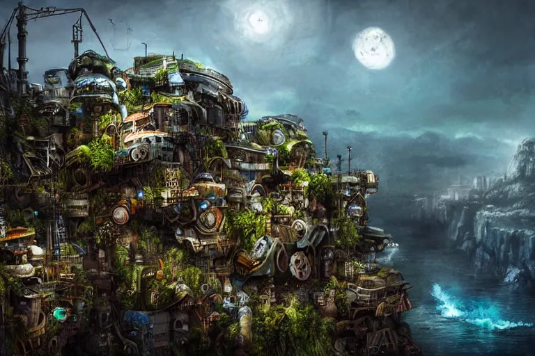 Image similar to sci - fi favela sculpture, fantasy jungle environment, industrial factory, cliffs, gloomy, milky way, award winning art, epic dreamlike fantasy landscape, ultra realistic,