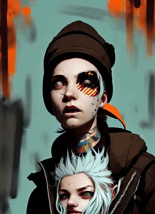 Prompt: highly detailed closeup portrait of a sewer punk lady student, tartan hoodie, white hair by atey ghailan, by greg rutkowski, by greg tocchini, by james gilleard, by joe fenton, by kaethe butcher, gradient, orange, black, brown and cream color scheme, grunge aesthetic!!! white graffiti tag wall background