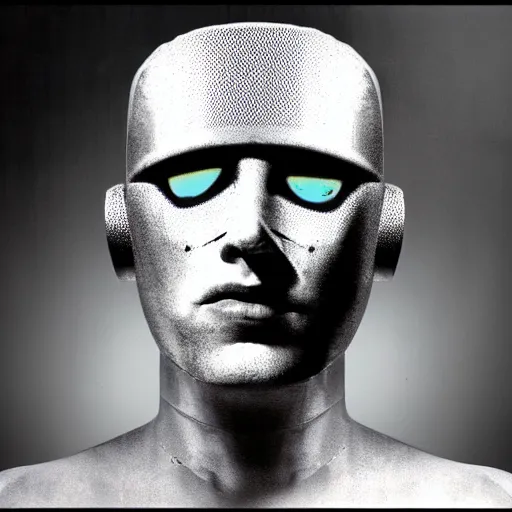 Image similar to The man with robot head, man head, robot head, movie by David Lynch