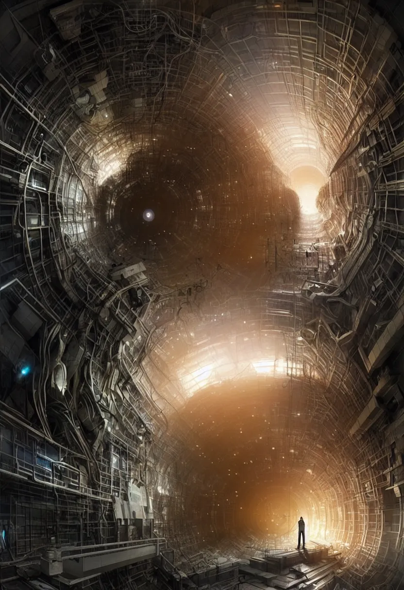 Image similar to man trapped inside cern large hadron collider, pulled apart, ultra high definition, ultra detailed, matte painting, by greg rutkowski and ross tran and wlop