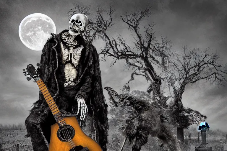 Prompt: mikhail gorsheniov as a skeleton with fingers of a goat in leather jacket plays guitar in the cemetery, mohawk on the head, dark night, full moon, crows on the oak tree, highly detailed digital art, photorealistic