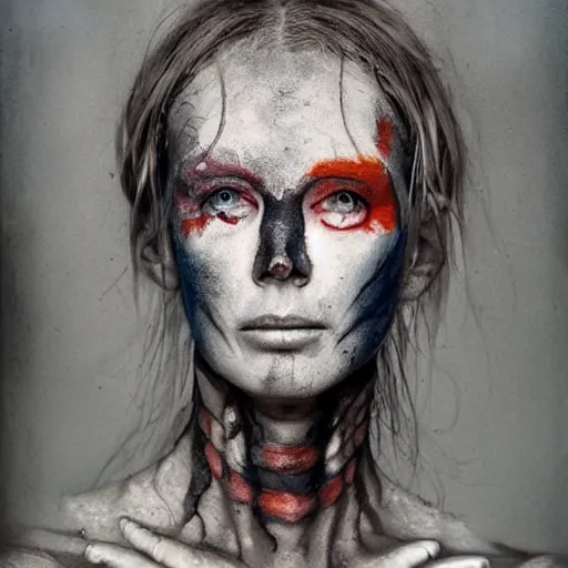 Prompt: stylized bodypaint by stephen gammell, photography. very detailed human form.