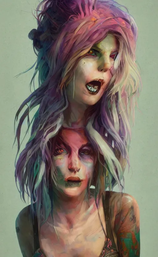 Prompt: a grungy stoner woman with rainbow hair, drunk, angry, soft eyes and narrow chin, dainty figure, long hair straight down, torn overalls, basic white background, side boob, symmetrical, single person, style of by Jordan Grimmer and greg rutkowski, crisp lines and color,