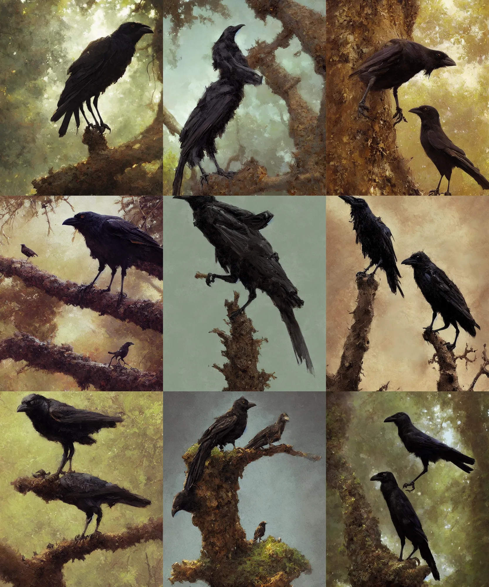 Prompt: ant view perspective digital art painting of a crow standing on a tree branch painted by craig mullins and gaston bussiere and greg rutkowski, symmetrical face, defined facial features, symmetrical facial features, dramatic lighting, close up