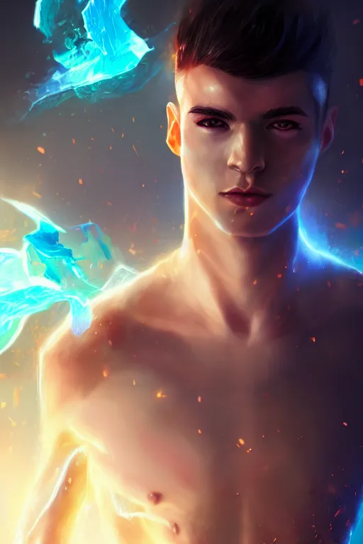 Image similar to a human elemental sorcerer, blurred environment background, epic magic effects, white skin, chest up, portrait, male, sharp focus, digital art, concept art, post processed, dynamic lighting, by emylie boivin and rossdraws