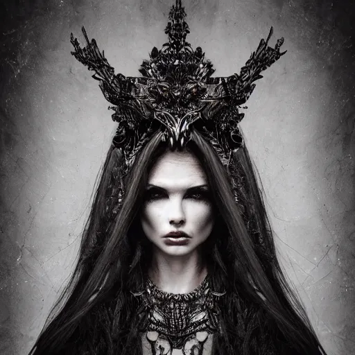 Image similar to a portrait of female model by stefan geselle and nekro borja, photorealistic, intricate details, hyper realistic, ornate headpiece, dark beauty, photorealistic, canon r 3, wide shot, photography, dark beauty, symmetrical features, wide angle shot