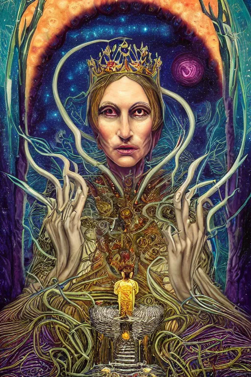 Image similar to beautiful tarot card of the queen of dreams by carol bak, jacek yerka, dan mumford, alex gray, victo ngai and h.r. giger, oil on canvas, symmetrical, 8k highly professionally detailed, HDR, trending on artstation