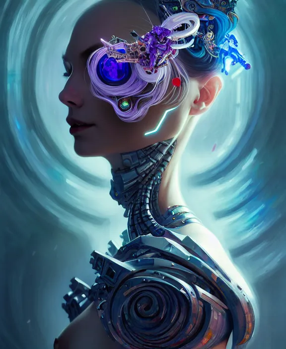 Image similar to whirlwind souls rushing inside metaverse, half body, tiara, robotic, android, cyborg, cyberpunk face, by loish, d & d, fantasy, intricate, elegant, highly detailed, colorful, vivid color, digital painting, artstation, concept art, art by artgerm and greg rutkowski and alphonse mucha and ruan jia