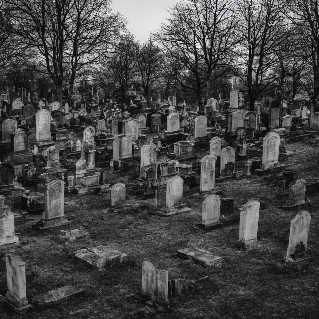 Prompt: a monochrome photo of a haunted graveyard at night