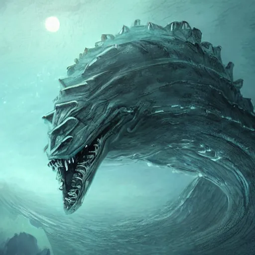Image similar to Giant ancient Leviathan creature the size of a ship at the bottom of the ocean next to a sunken cargo ship, dark, creepy, digital art