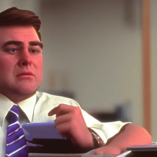 Image similar to clean - shaven chubby white man wearing a shirt and necktie sitting at a desk, 1 9 8 9 movie still, tv scan lines, cinematography, cinematic lighting