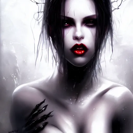 Image similar to aaliyah as a vampire, darkwave, darksynth, concept headshot art, sharp, digital matte painting, art by luis royo, greg rutkowski, wlop, dramatic lighting, trending on artstation