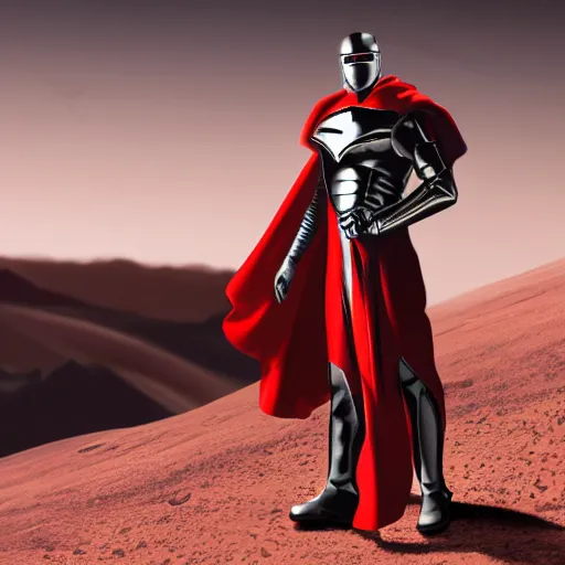 Image similar to tall muscular infantry man in glossy sleek white armor with a few red details and a long red cape, heroic posture, on the surface of mars, night time, dramatic lighting, cinematic, sci-fi, hyperrealistic, movie still