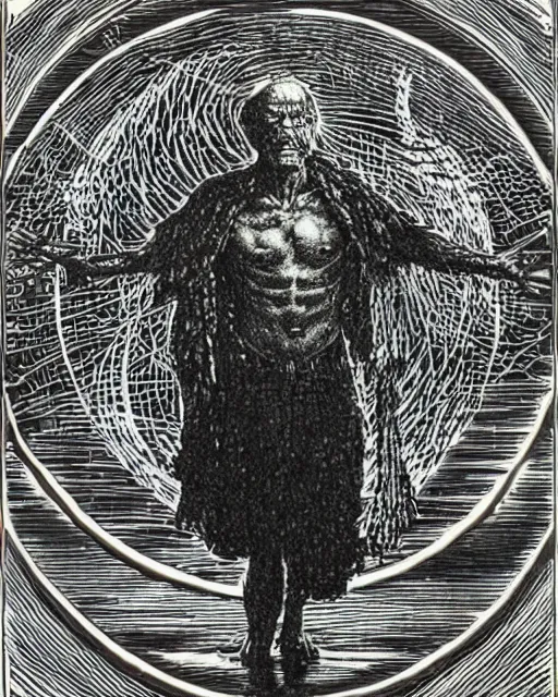 Prompt: a druid standing in a circle at the beginning of the world by virgil finlay