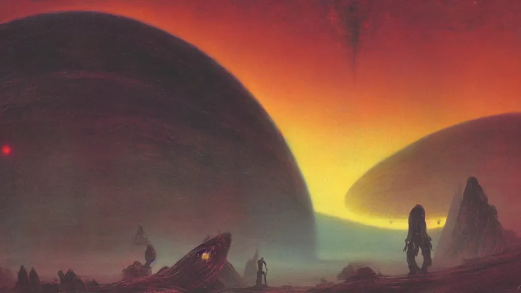 Image similar to eerie atmospheric alien planet by paul lehr and jack gaughan and john schoenherr, epic cinematic matte painting
