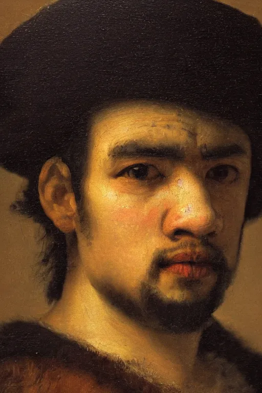 Prompt: an accurate a close - up portrait of a young peruvian man painted by rembrandt, oil painting, baroque painting, highly detailed, 4 k.