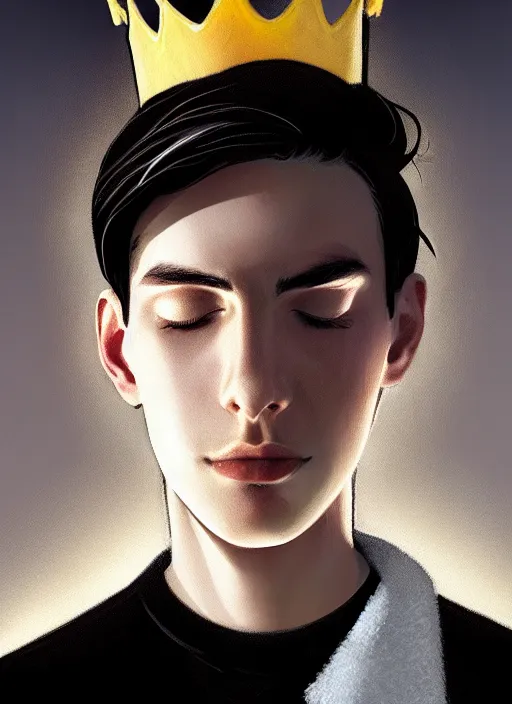 Image similar to portrait of teenage jughead jones wearing a light grey crown, crown, hamburger background, eyes closed, crown, black hair, intricate, elegant, glowing lights, warm lighting, highly detailed, digital painting, artstation, concept art, smooth, sharp focus, illustration, art by wlop, mars ravelo and greg rutkowski