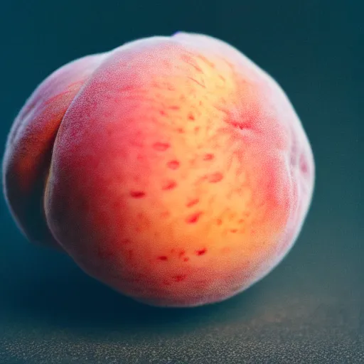 Image similar to a macro photo of a round peach's dry hairy skin, hyper realistic, hyper detailed, 35mm, very grainy film, pink volumetric studio lighting, bokeh, black background award winning shot, vogue magazine, cinematic, 8k, very closeup, elegant, tender, pastel