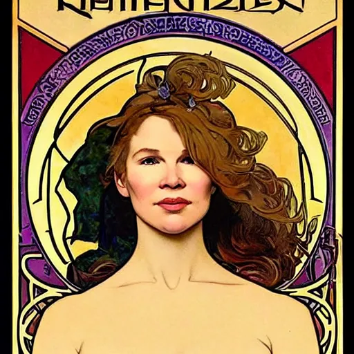 Prompt: renee zellweger portrait by louis - theophile hingre and alphonse mucha, realistic, sharp focus, zodiac signs, tarot cards, planets, ethereal, art nouveau, magic, moon, sun, crown, dreamy, royal, jewellery