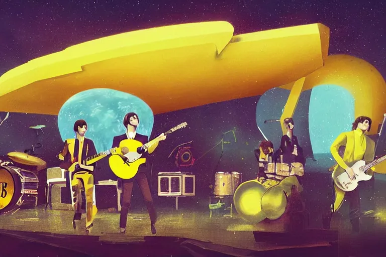 Image similar to the beatles performs with guitar on a yellow spaceship, art by mike winkelmann, trending on cgsociety, retrofuturism, darksynth, sci - fi